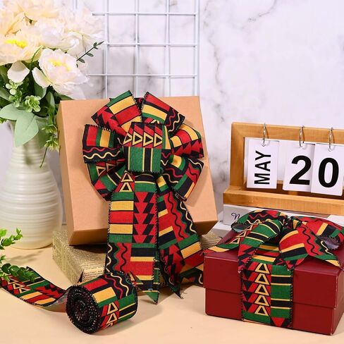 1 Roll 5 Yards Kwanzaa Wired Ribbon 2.5 Inch African American Black History Month Juneteenth Fabric Ribbon for Bow Wreath Gift Wrapping Supplies(1 Roll) in Saudi Arabia
