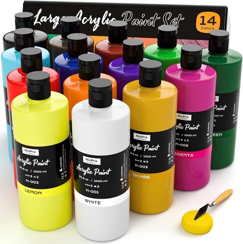 Nicpro 14 Colors Large Bulk Acrylic Paint Set (16.9 oz, 500 ml) Non Toxic Art Painting Supplies for Multi Surface Fabric Canvas Wood Leather Stone, Craft Paint for Kid & Adult with Color Wheel in Saudi Arabia
