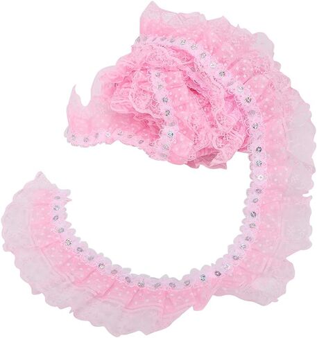 Lace Ribbon, 5 Yards 45mm Printing Dots Pleated Trim DIY Lace Craft Trim Mesh Lace Trim Mesh Lace Ribbon Sewing Sequins Embroidered DIY Craft(Pink) in Saudi Arabia