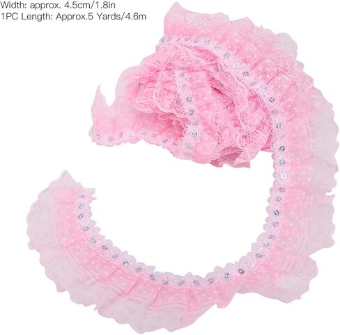 Lace Ribbon, 5 Yards 45mm Printing Dots Pleated Trim DIY Lace Craft Trim Mesh Lace Trim Mesh Lace Ribbon Sewing Sequins Embroidered DIY Craft(Pink) in Saudi Arabia