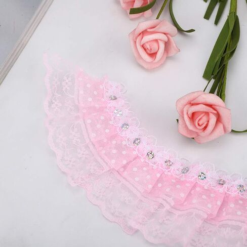 Lace Ribbon, 5 Yards 45mm Printing Dots Pleated Trim DIY Lace Craft Trim Mesh Lace Trim Mesh Lace Ribbon Sewing Sequins Embroidered DIY Craft(Pink) in Saudi Arabia