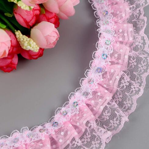 Lace Ribbon, 5 Yards 45mm Printing Dots Pleated Trim DIY Lace Craft Trim Mesh Lace Trim Mesh Lace Ribbon Sewing Sequins Embroidered DIY Craft(Pink) in Saudi Arabia