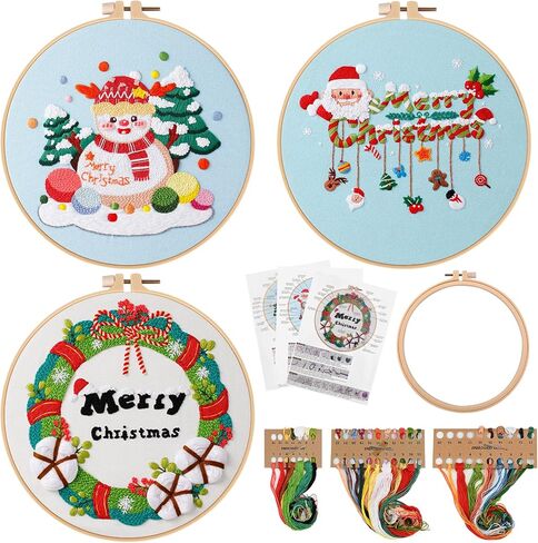 Bekecidi Christmas Embroidery Kit, 3 Xmas Pattern Sets with 1 Embroidery Bamboo Hoop, Santa Claus Snowman Xmas Tree Pattern Collection for Christmas Decor Festival Gift (Style 2) in Saudi Arabia
