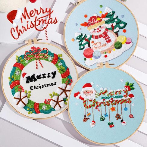 Bekecidi Christmas Embroidery Kit, 3 Xmas Pattern Sets with 1 Embroidery Bamboo Hoop, Santa Claus Snowman Xmas Tree Pattern Collection for Christmas Decor Festival Gift (Style 2) in Saudi Arabia