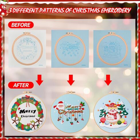 Bekecidi Christmas Embroidery Kit, 3 Xmas Pattern Sets with 1 Embroidery Bamboo Hoop, Santa Claus Snowman Xmas Tree Pattern Collection for Christmas Decor Festival Gift (Style 2) in Saudi Arabia