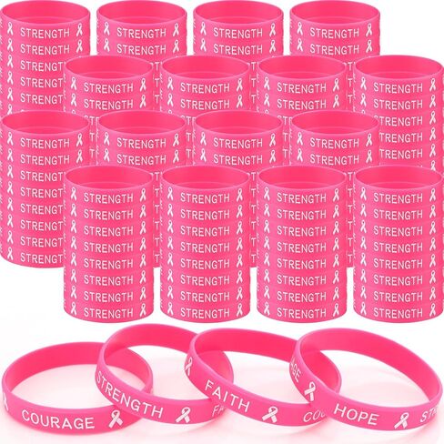 Leyndo 200 Pcs Breast Cancer Awareness Pink Ribbon Bracelets Bulk Rubber Wristbands Hope Faith Strength Courage (Rose Red) in Saudi Arabia
