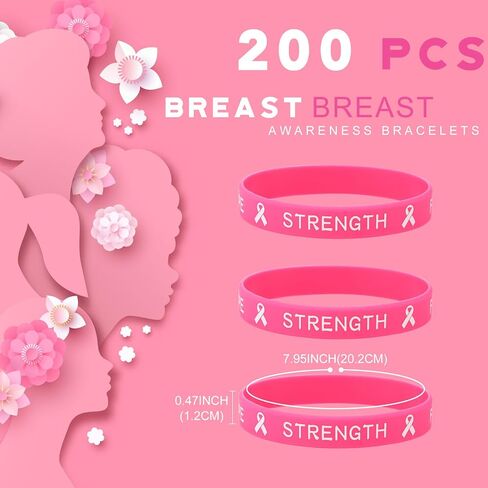 Leyndo 200 Pcs Breast Cancer Awareness Pink Ribbon Bracelets Bulk Rubber Wristbands Hope Faith Strength Courage (Rose Red) in Saudi Arabia