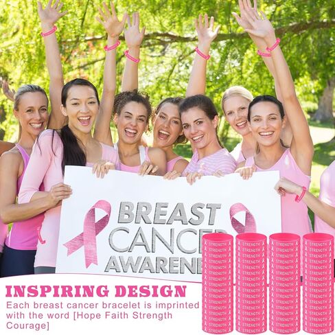 Leyndo 200 Pcs Breast Cancer Awareness Pink Ribbon Bracelets Bulk Rubber Wristbands Hope Faith Strength Courage (Rose Red) in Saudi Arabia