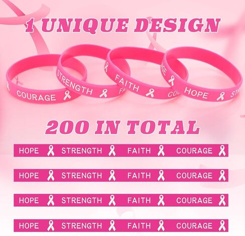 Leyndo 200 Pcs Breast Cancer Awareness Pink Ribbon Bracelets Bulk Rubber Wristbands Hope Faith Strength Courage (Rose Red) in Saudi Arabia