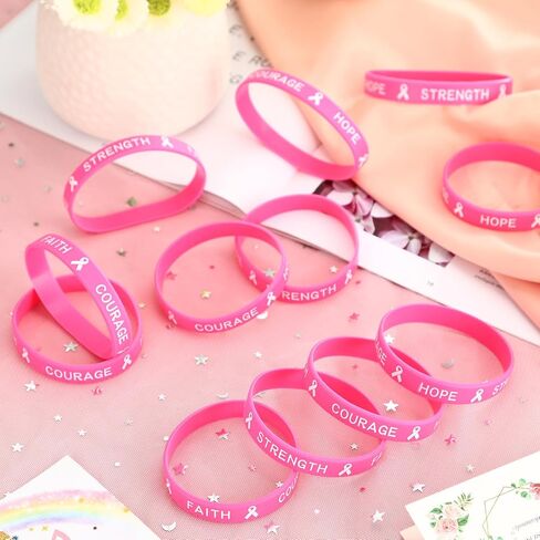 Leyndo 200 Pcs Breast Cancer Awareness Pink Ribbon Bracelets Bulk Rubber Wristbands Hope Faith Strength Courage (Rose Red) in Saudi Arabia