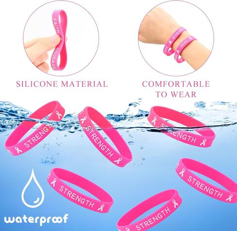 Leyndo 200 Pcs Breast Cancer Awareness Pink Ribbon Bracelets Bulk Rubber Wristbands Hope Faith Strength Courage (Rose Red) in Saudi Arabia