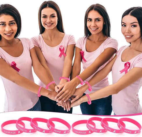 Leyndo 200 Pcs Breast Cancer Awareness Pink Ribbon Bracelets Bulk Rubber Wristbands Hope Faith Strength Courage (Rose Red) in Saudi Arabia