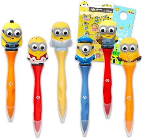 مجموعة أقلام مينيونز - حزمة تحتوي على 6 أقلام بالإضافة إلى ملصقات للوازم المدرسية للأطفال | ملحقات مكتب ديسبيكابل مي للأولاد والبنات (قد تختلف التصاميم) in Kuwait