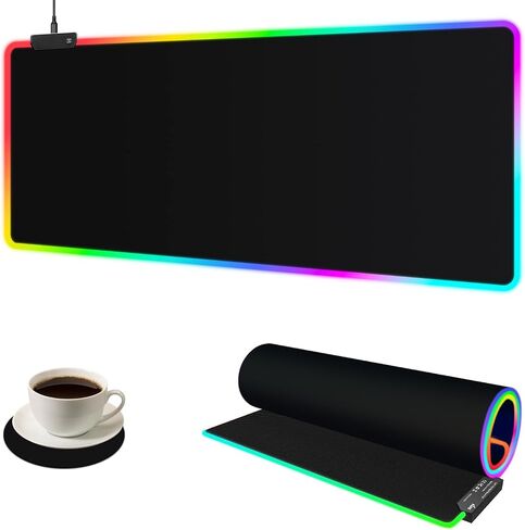 Large RGB Gaming Mouse Pad: 35.4"x15.7" Desk Mat for Keyboard and Mouse, LED Game Mousepad with 14 Colors Light Modes, Non-Slip Desk Pad Matt Protector+Coasters-for Home, Office, Desktop-Black in Kuwait