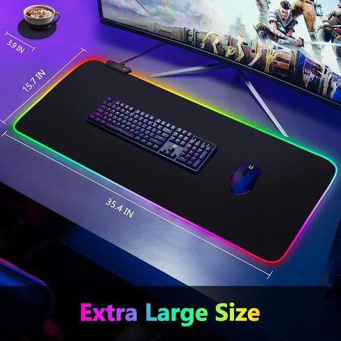 Large RGB Gaming Mouse Pad: 35.4"x15.7" Desk Mat for Keyboard and Mouse, LED Game Mousepad with 14 Colors Light Modes, Non-Slip Desk Pad Matt Protector+Coasters-for Home, Office, Desktop-Black in Kuwait