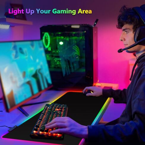Large RGB Gaming Mouse Pad: 35.4"x15.7" Desk Mat for Keyboard and Mouse, LED Game Mousepad with 14 Colors Light Modes, Non-Slip Desk Pad Matt Protector+Coasters-for Home, Office, Desktop-Black in Kuwait