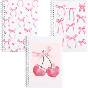 Whaline 3 Packs Pink Bow Spiral Notebook Coquette Pink Cherry Bowknot Lined Notebook Preppy Twin-Wire Binding Journal with 80 Sheets A5 Ruled Paper for Student Home Office Classroom