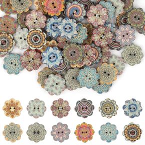 100Pcs Mixed Pattern Vintage Flower Wooden Buttons 3/4 Inch 20mm Assorted Buttons 2 Holes Sewing Random Flower Painting Buttons Cute Decorative Buttons for Crafts Sewing, Shirt, Clothing Replacement