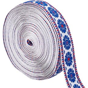 GORGECRAFT 10.9 Yards Jacquard Embroidery Ribbon 1 Inch Wide Blue Flower Trim Ethnic lace Boho Fringe Fabric Appliques for Clothes Fabric Belt Hat Bag Gift Package Straps Embellishment Decoration