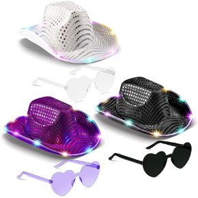 6 Pcs LED Cowboy Hat Women Light Up Space Cowgirl Cowboy Hat with Heart Glasses for Disco Halloween Party Costume Accessories (Silver, Black, Purple)