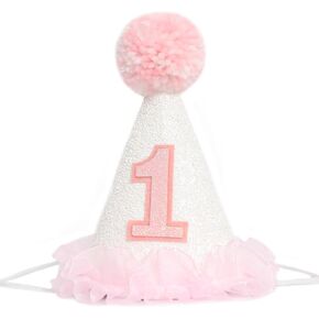 Pink 1st Birthday Hat For Girls，Princess 1st Birthday Party Hat，Baby First Birthday Sequin Crown，Girl's 1st Birthday Celebration Handmade Hat，Pink Glitter First Birthday Headband