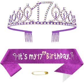 Purple 17th Birthday Sash for Girls Birthday Princess Crown Queen Tiara Rhinestone Birthday Headbands Birthday Girl Sash Happy Birthday Decorations for Girls 17 Year Old Birthday Party Supplies