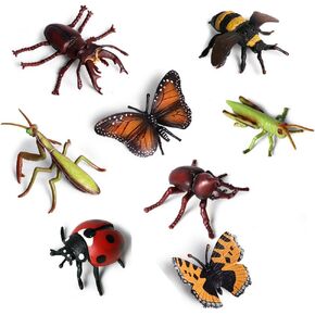 8 pcs Lifelike Assorted Plastic Insects Bugs Figures Realistic Sandbox Toy 4" Butterfly, Bee, Ladybug, Grasshopper, Mantis,Uang,Stag Beetle