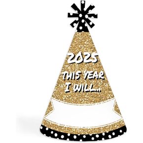 Big Dot of Happiness Pop, Fizz, Clink! - Cone Party Hats - 2025 New Year's Eve Resolution Cone Party Hat for Kids and Adults - Set of 8 (Standard Size)