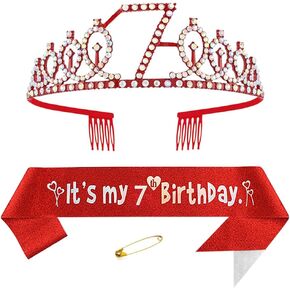 Red 7th Birthday Sash for Girls Birthday Princess Crown Queen Tiara Rhinestone Birthday Headbands Birthday Girl Sash Happy Birthday Decorations for Girls 7 Year Old Birthday Party Supplies