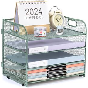 4-Tier Mesh Letter Tray Paper Organizer, Desk File Organizer with Handle - Black