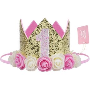 Baby Birthday Crown, Princess Crowns Tiara Girls Party Hat With Gold Glitter and Pink Roses for Birthday Party Decorations (1st Crown)