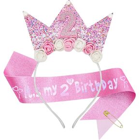 Birthday Girls Headband, Glitter Flower Birthday Crown Sash Set for Girls Princess Birthday Party Decorations