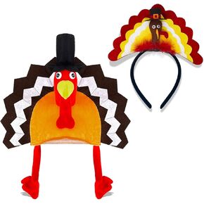 2PCS Thanksgiving Turkey Hat and Turkey Headbands Christmas Plush Turkey trot Hat with Head Legs Tail Holiday party supply for kids Women and Man