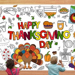 2PCS Happy Thanksgiving Day Tablecloth Fabric Coloring Tablecloth Thanksgiving Coloring Tablecloth for Kids Give Thanks Kids Coloring Tablecloth Fall Turkey Thanksgiving Day Paper Table Cover