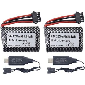 sea jump 2PCS 7.4V 1200mah Lithium Battery with USB Charging Cable Suitable for R206 R208 R308 TX122 TX123 H106 2008 V003 RC Remote Control Ship Battery with SM-5P Plug
