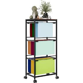 3 Tier Rolling File Cabinet Cart, Mobile Filing Cabinet with 4 Wheels, Metal Vertical File Floder for Home Office Storage Organizer for Letter/A4/Legal Size, Printer Stand, Black