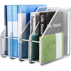 Cliselda White Metal Mesh Magazine File Holder with 4 Vertical Compartments, Desk Organizers File Folders Holder, File Organizer Binder Holder Organizer for Desk Home Office School