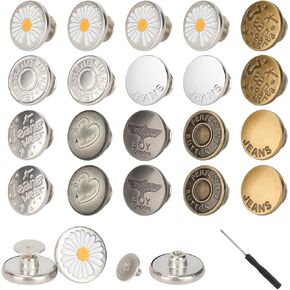 20 Sets of Metal Jean Buttons (17mm), Reusable with Tool Screwdriver, Pants Waist Tightener, Adjustable Jean Button Replacement, No Sew Button for Loose Jeans, Waistband Tightener for Men & Women