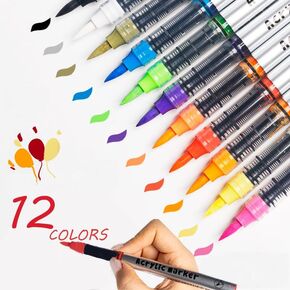 12 Colors Acrylic Paint Pens-Brush Tip Markers for Rock Painting, Canvas, Wood, Glass, Ceramic, Fabric, Metal-Premium Art Supply Sets