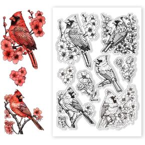 CHGCRAFT Christmas Clear Stamps Cardinal Bird Silicone Clear Stamp Seals Cherry Bloom Transparent Stamps for Cards Making Photo Journal Album DIY Scrapbooking Decoration