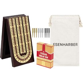 Foldable Wooden Cribbage Board Set - Elegant 3-Track Design with Magnetic Closure, 9 Metal Pegs, Full Deck of Cards, Perfect for Family Game Nights and Travel
