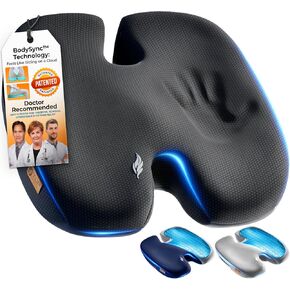 Seat Cushion, BodySync™ Technology with Non-Slip Gel & Memory Foam for Tailbone, Sciatica & Back Pain Relief, Office Chair Cushion, Car Seat Cushions for Driving (Black)