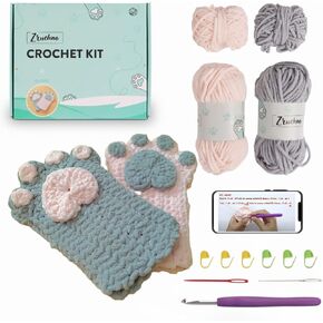 Crochet Cat Paw Gloves Kit for Beginners, Step-by-Step Video Tutorials and Instruction, Complete DIY Learn to Crochet, Crochet Starter Kits with Plush Yarn, Hook, All Accessories, Cute Cat Paw Mittens