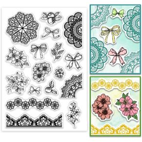 PH PandaHall Lace Bow Clear Stamps for Card Making, Flower Frame Leaf Transparent Silicone Stamps Floral Corner Rubber Stamp Crafting Stamp for DIY Scrapbooking Journal Card Photo Album Decoration