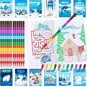 BenLouis 24 Winter Mini Coloring Books Kids with 24 Stacking Crayons Polar Animals Party Favors Activity Books Bulk for Kids Winter Holiday Goodie Bag Gift Stuffer Classroom Reward