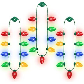 Light up Christmas Necklace, 3PCS Christmas Bulb Necklaces Accessories Bulk, Colorful Red Yellow Blue Green Bulbs Glow Necklace, 6 Modes Necklace for Xmas Family Ugly Sweater New Year Party Favors