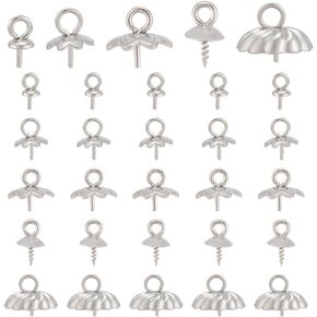 UNICRAFTALE 150Pcs Stainless Steel Eye Pin Bails Cup 5 Styles Screw Eye Pin Bail Peg Charm Connector Pendant Bails Pendant End Caps Bead Cap Bails Perfect for Half-Drilled Beads Jewelry Making
