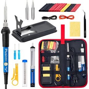 Soldering Iron Kit - 60W Soldering Iron Adjustable Temperature, Solder Wire, Tweezers, Soldering Iron Stand, 5 pcs Solder Tips, Desoldering Pump, Solder Wick, Heatshrink Tubes [110 V, US Plug]
