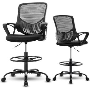 JHK Tall, Standing, Counter Computer, Mid-Back Mesh Office Drafting Chair with Armrests, Height Adjustable Foot Ring for Adults, Black
