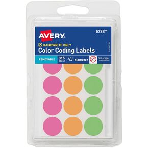 Avery Assorted Neon Color-Coding Labels, Handwrite Only, 3/4" Round, Pack of 315, Case Pack of 36 (6733)